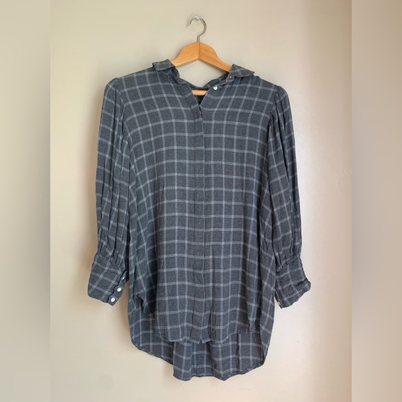 Something Navy Shirt Gray White Plaid Feminine Flannel Peasant Puff Sleeve Top - Picture 1 of 7